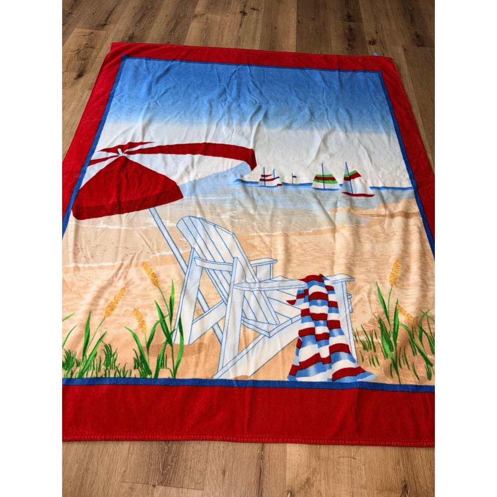 Baja Beach Towel Oversized Red Blue Coastal Adirondack Chair Sailboats